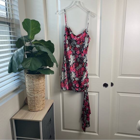 Cinq a Sept Black Floral 100% Silk Mini Slip Dress w/ Side Tie - Picture 2 of 16